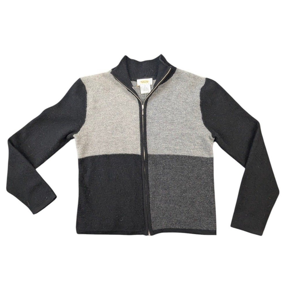 Talbots Petites Wool Colorblock Zip Cardigan Sweater Grey Black Size M Petite